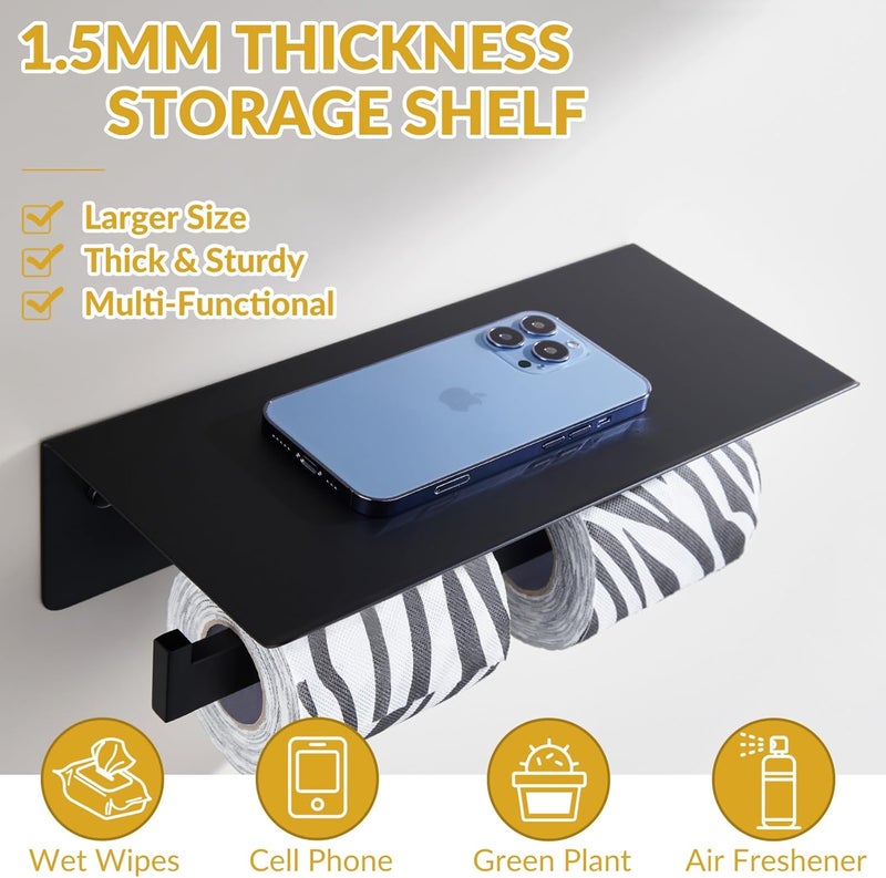 APLusee Matte Black Double Toilet Paper Holder with Shelf, 304 Stainless Steel Bathroom Tissue Roll Holder, Commercial Paper Dispenser Wall Mounted - Image 5